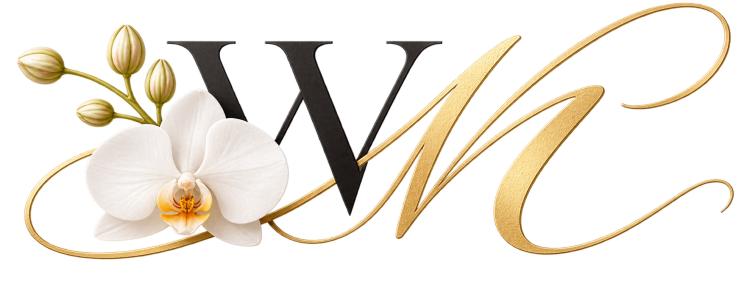 Waseme Marcelin logo featuring WM monogram and white orchid